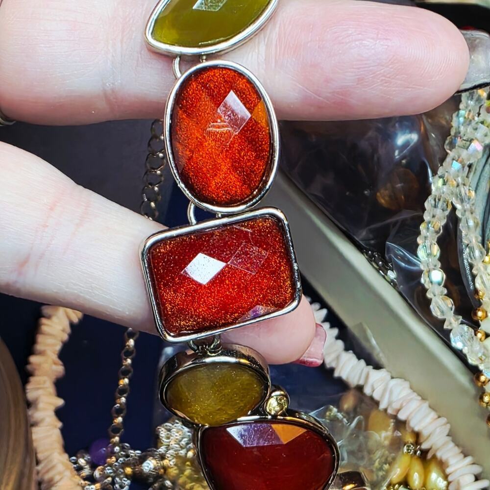 Multicolor Aventurine Glass Statement Necklace Vintage Silver Tone 474 - Picture 4 of 8